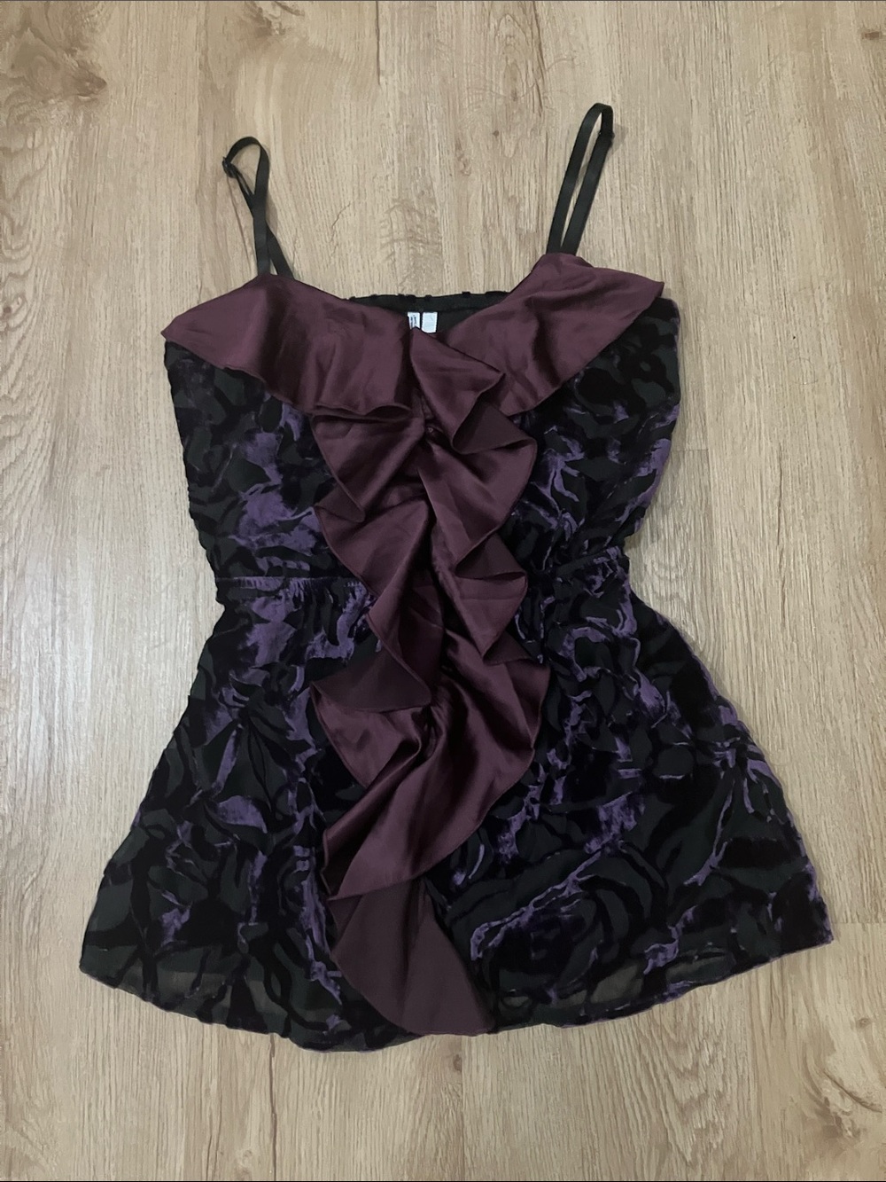 Y2k Women’s Purple Satin Ruffle Embroidered Velvet Top